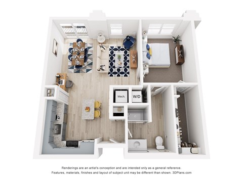 Floor plan for 1 bed, 1 bath, 770 sqft